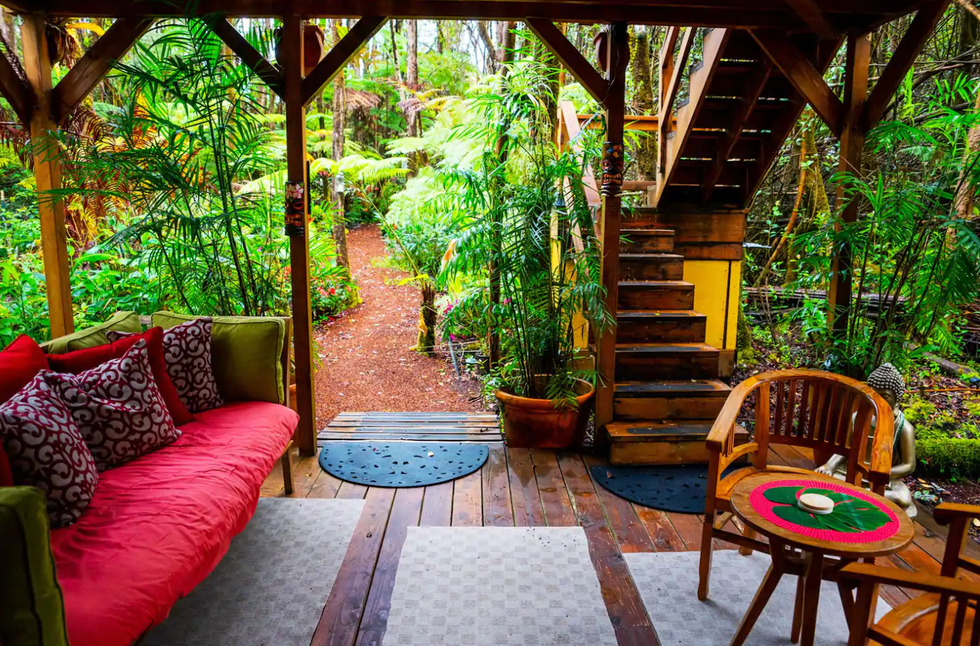 The lounge area on the first floor of the treehouse.