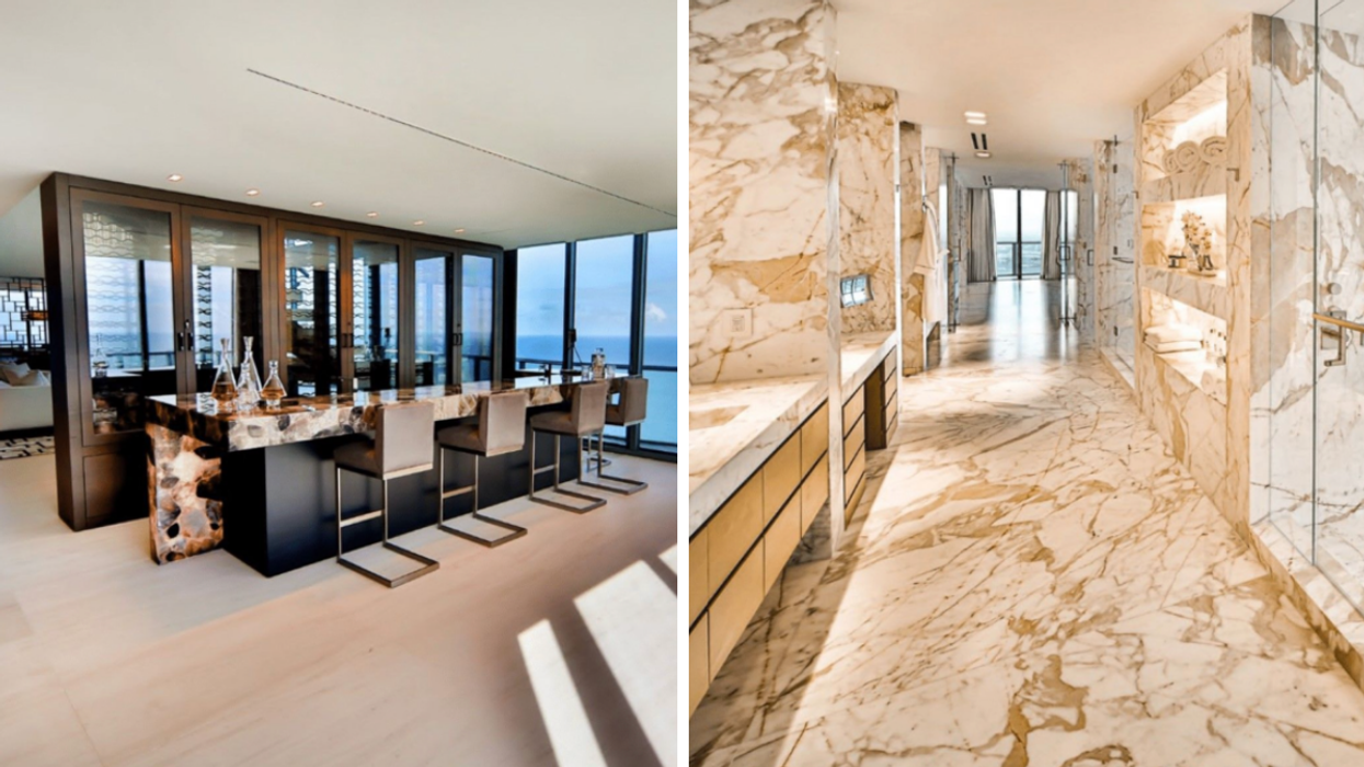 The lounge room in the penthouse. Right: The master bathroom in the penthouse.