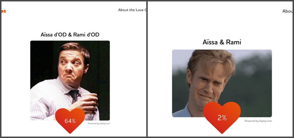 The Love Calculator entre A\u00efssa et Rami d'OD Martinique.