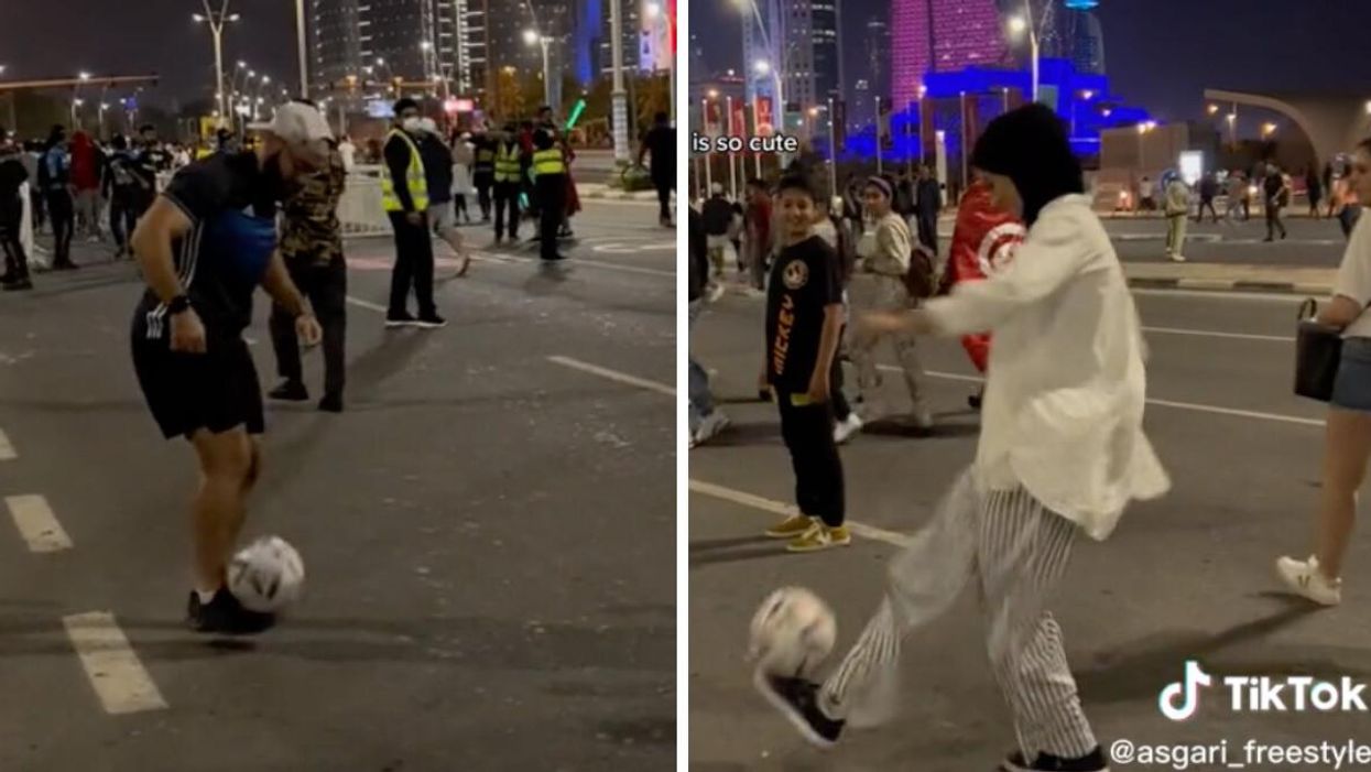The man and woman in the TikTok doing tricks with a soccer ball.
