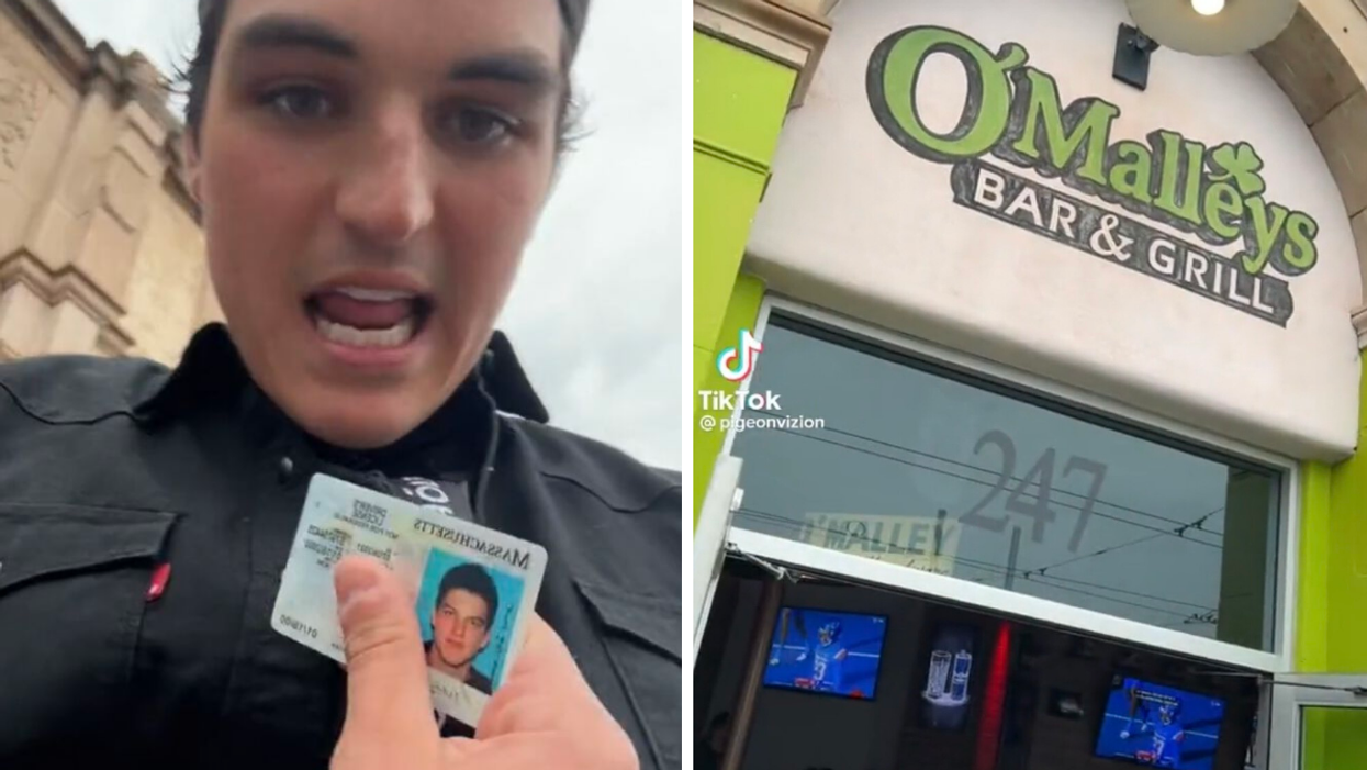 The man holding his Massachusetts ID. Right: The exterior of O'Malley's Bar & Grill in Tucson, AZ.