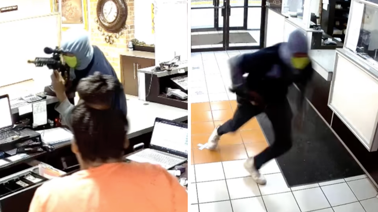 The man pointing a gun at the clerk. Right: The man running away.