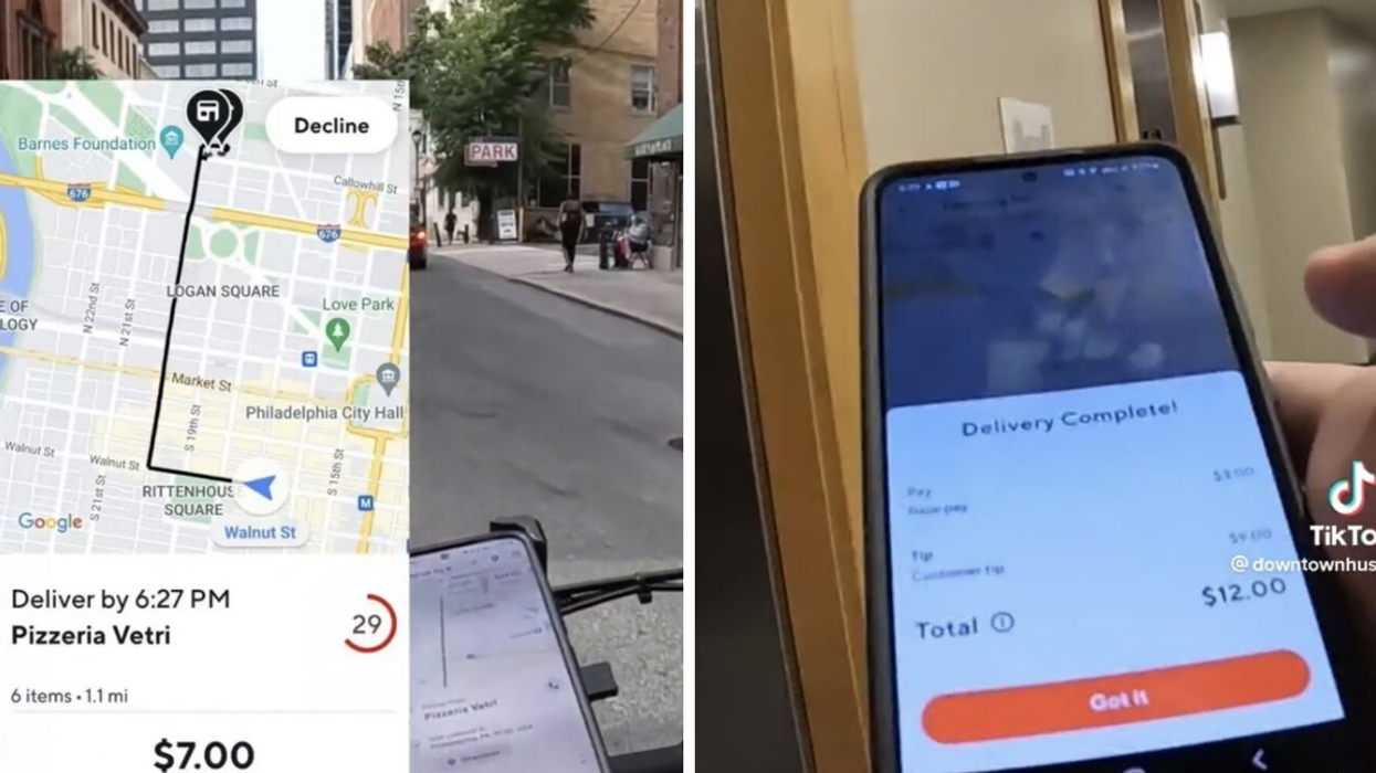 The map of the DoorDash delivery in Philadelphia, PA. Right;: The total of the order.