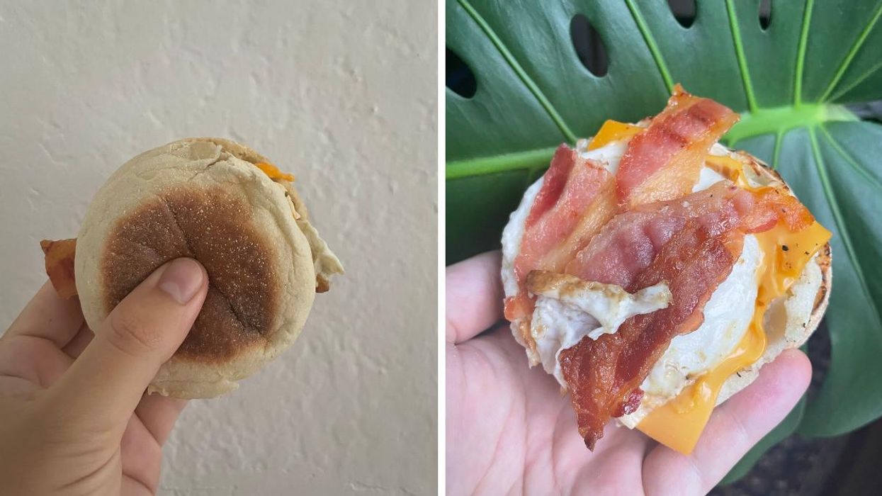 The Maple Bacon Breakfast Sandwich from Tim Hortons. Right: The inside of the sandwich.