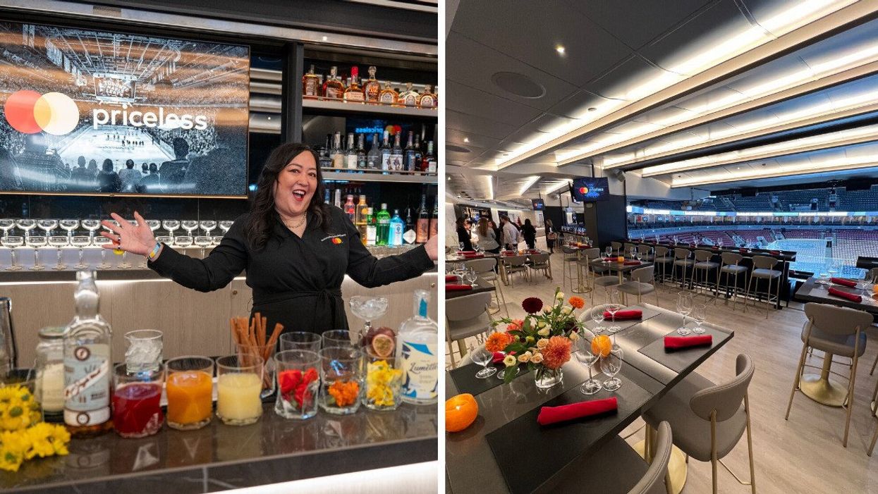 The Mastercard Lounge bar. Right: The Mastercard Lounge.