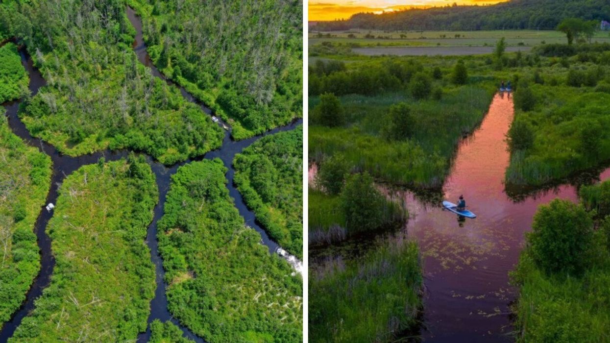The maze at Éco-Odyssée. Right: A person paddles the maze at dusk.
