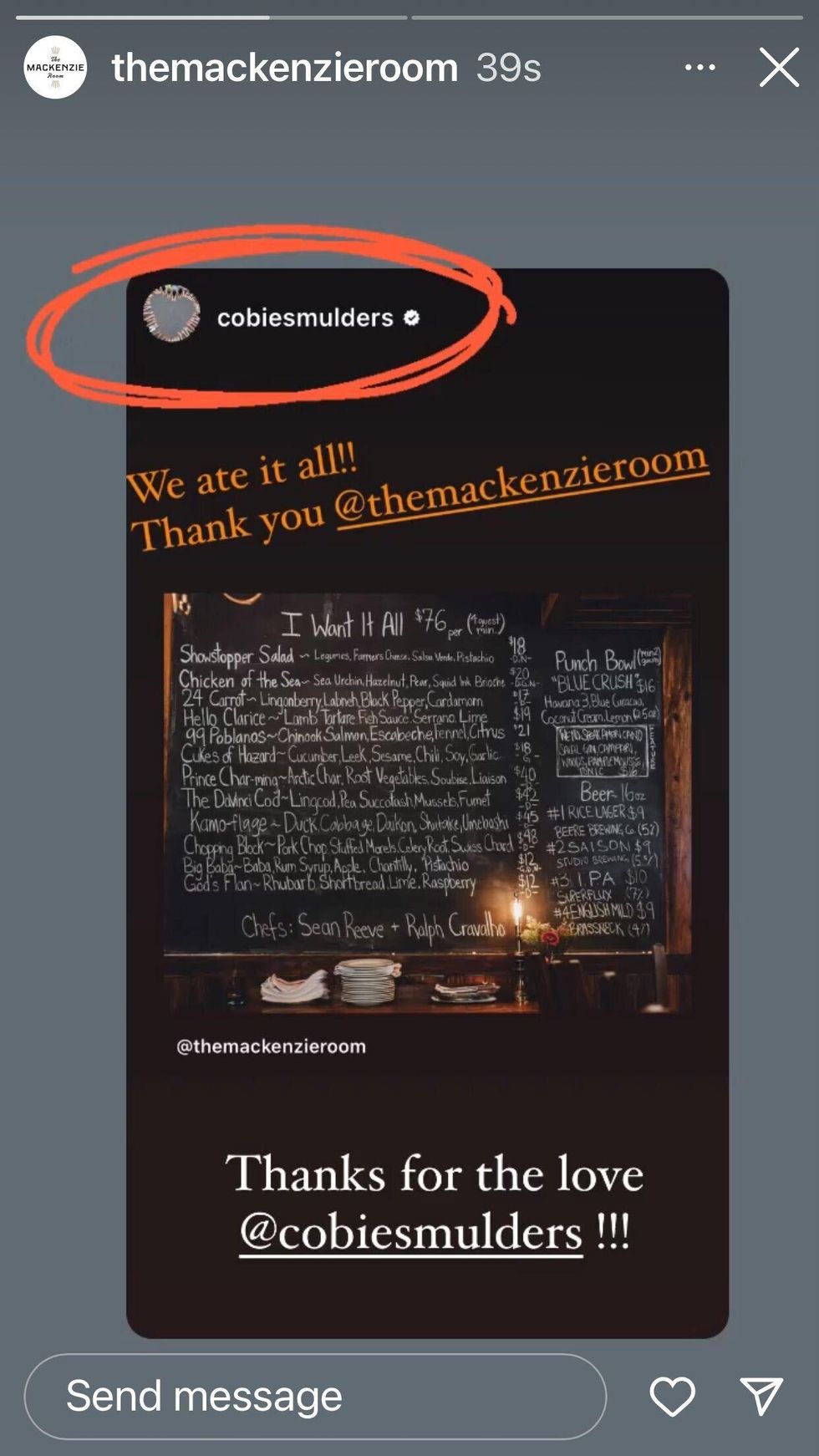 The Mckenzie Room's Instagram story.