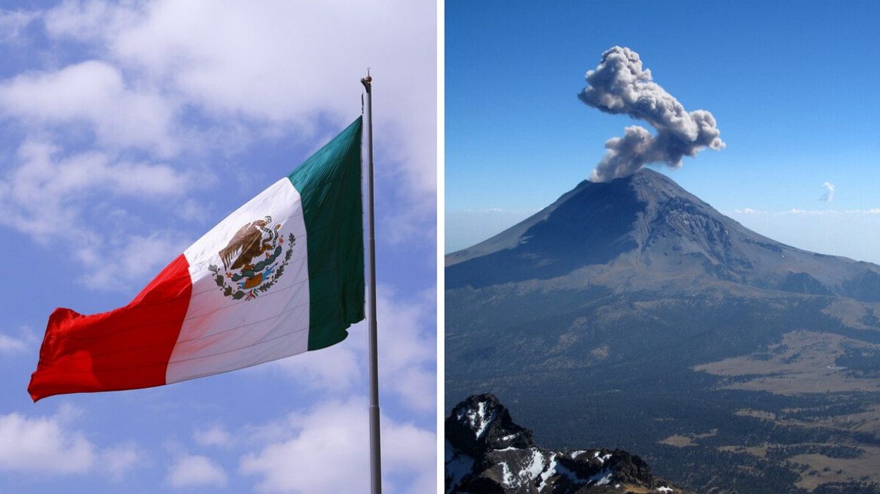 The Mexican flag. Right: The Popocatepetl volcano in Mexico.