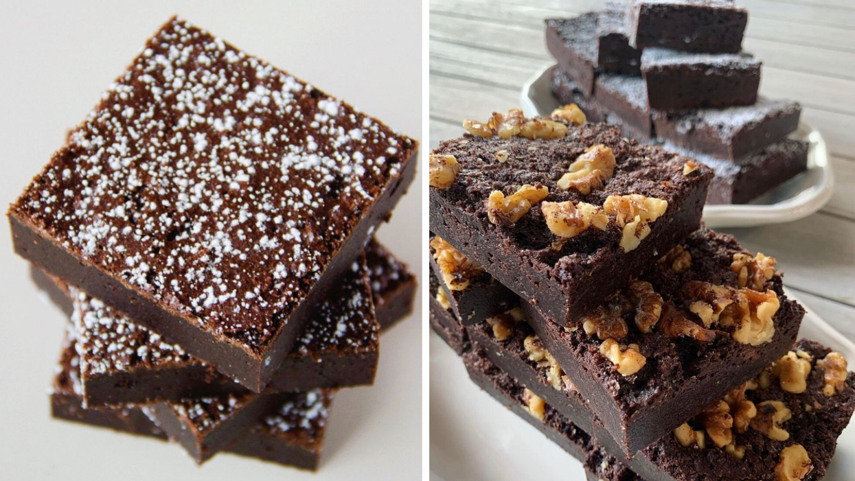 The Mexican Hot Chocolate Brownie from BIRD Bakery. Right: A pile of the Fudgy Walnut Brownie from BIRD Bakery.