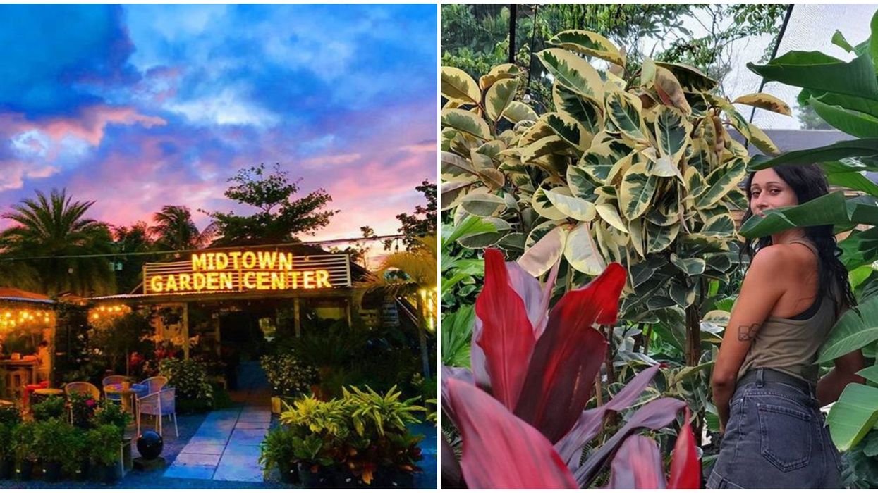The Midtown Garden Center entrance. Right: A woman hidden in plants.