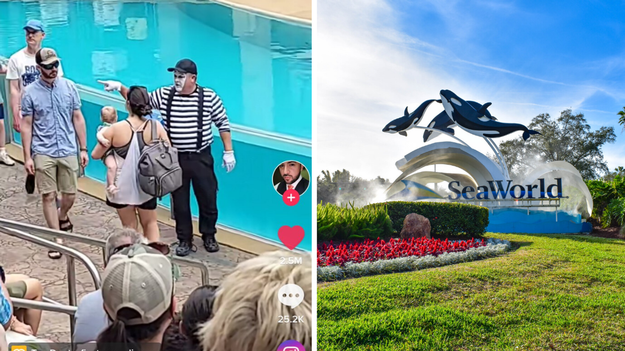The mime calling out the father at Sea World. Right: The view of the Sea World sign.