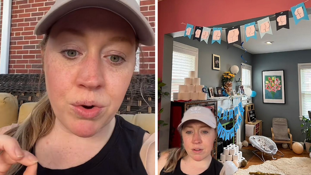 The mom in her TikTok. Right: Some of the kid's "booty cheek" themed party decorations.