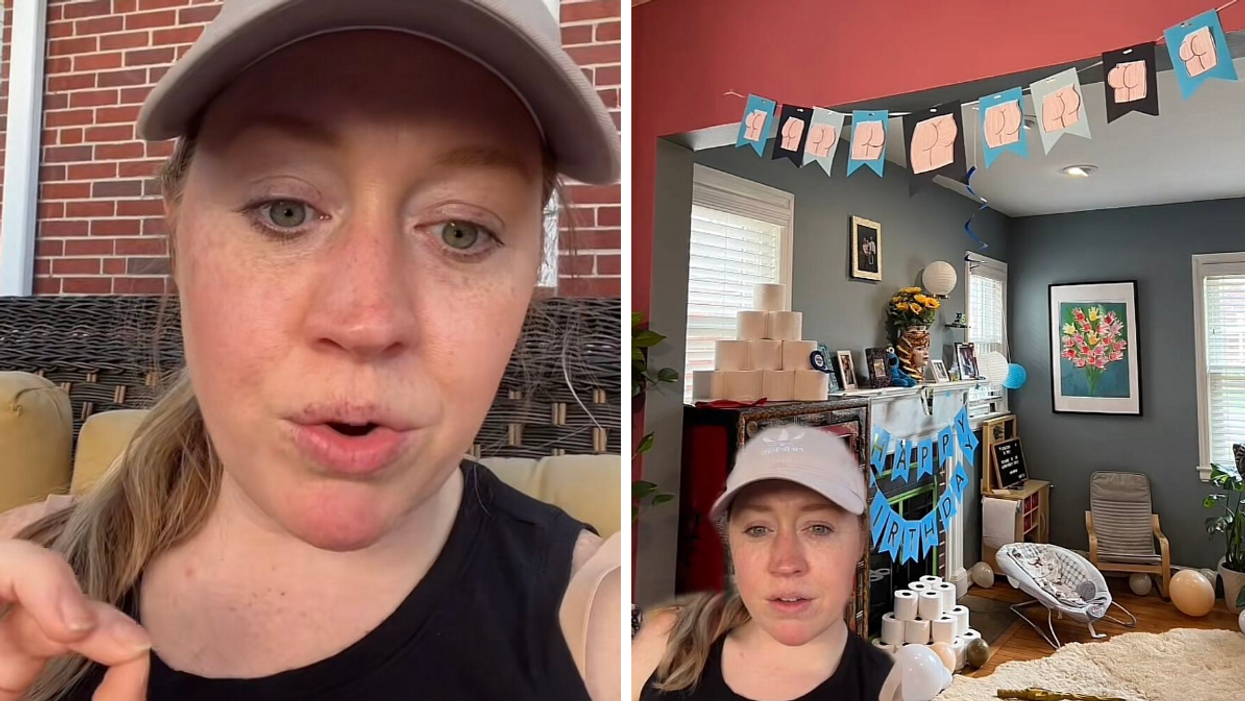 The mom in her TikTok. Right: Some of the kid's "booty cheek" themed party decorations.