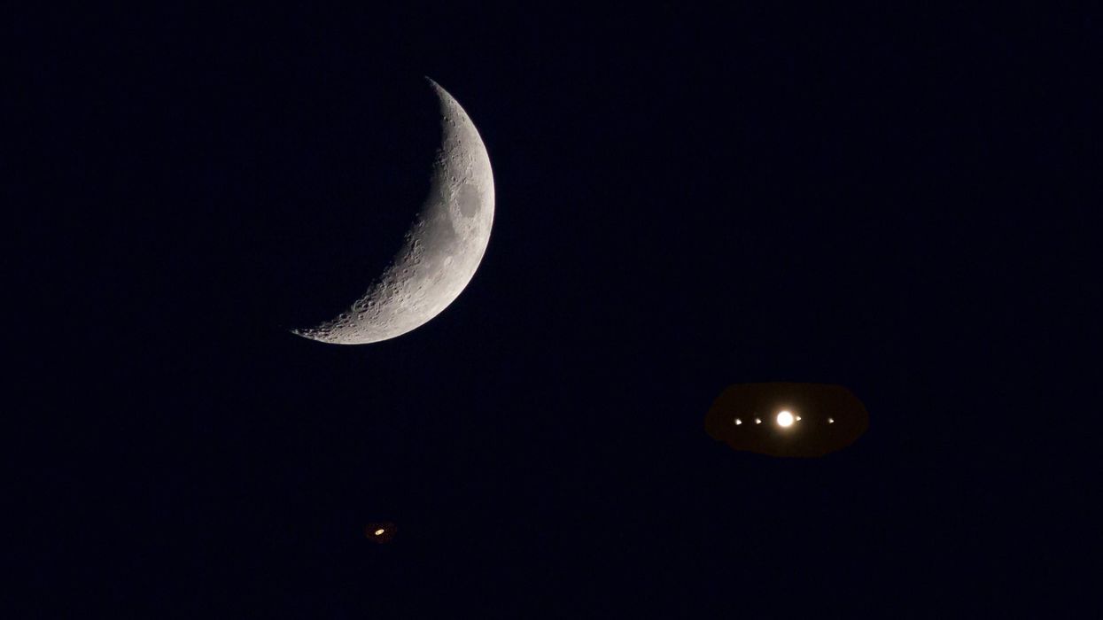 The moon along with Jupiter and its moons.