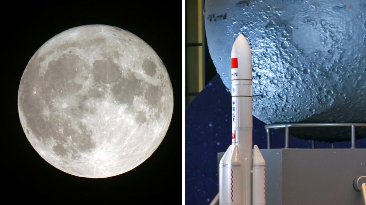 The Moon. Right: A model of China's Chang'e mission rocket.