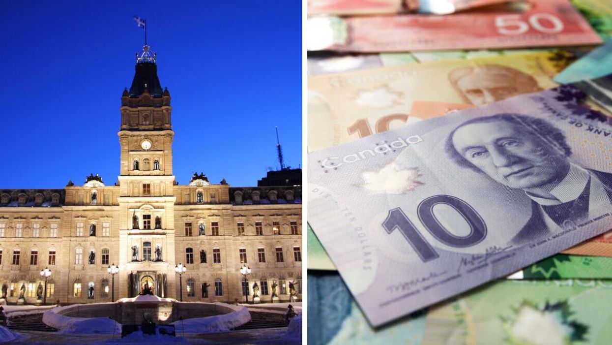The National Assembly of Quebec. Right: A pile of Canadian bills.