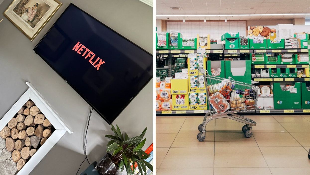 The Netflix home screen. Right: A grocery cart in a store.