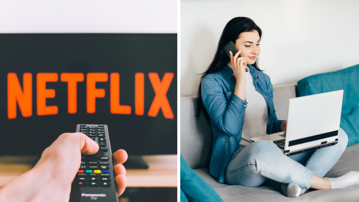 The Netflix logo on a TV screen. Right: A woman talking on a phone and using a laptop.