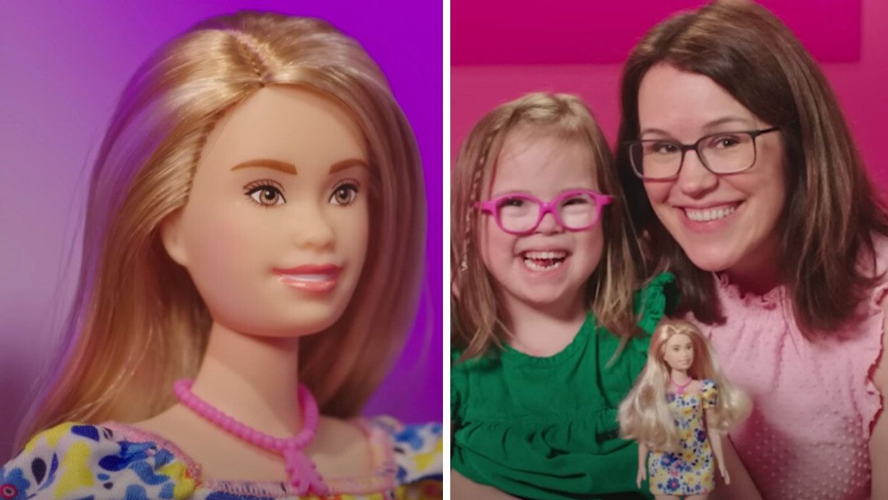 The new Barbie with Down syndrome. Right: A young girl with Down syndrome and her mom holding the new Barbie.