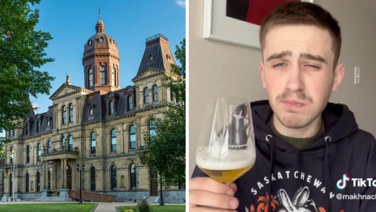 The New Brunswick Legislative Building in Fredericton. Right: A TikToker trying "Canadian beer" for the first time.