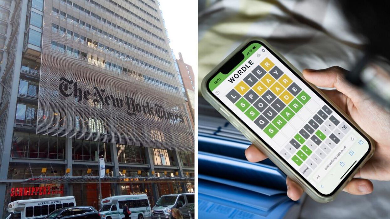 The New York Times building. Right: A person playing Wordle on their phone.