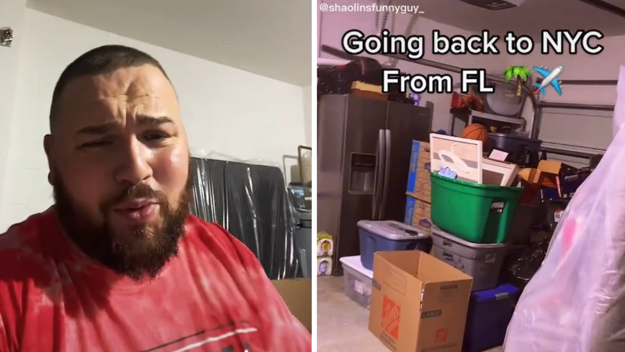 The New Yorker explaining why he's leaving Florida. Right: All of the New Yorker's things packed up.