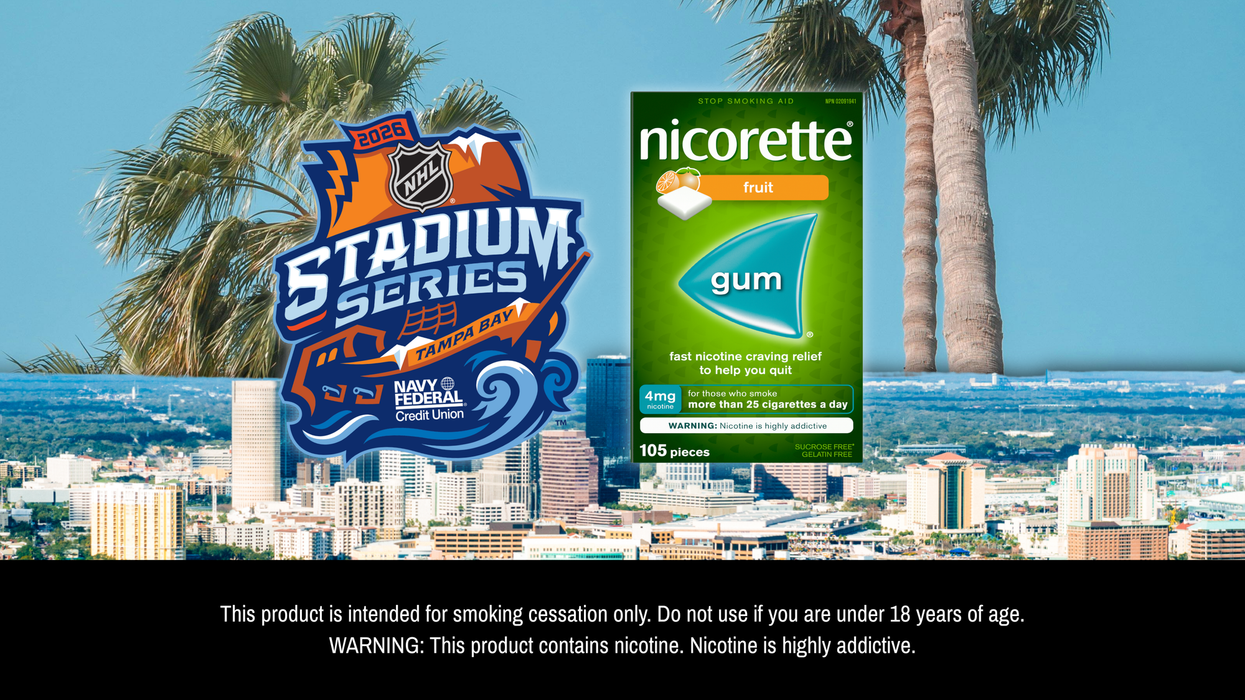 The NHL Stadium Series logo and a Nicorette lozenges package over a Tampa, Florida, skyline.