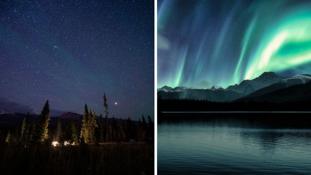 The night sky with stars. Right: The northern lights.