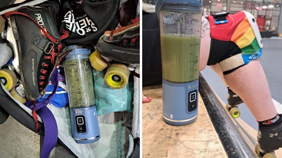 The Ninja Blast in a bag of skating gear. Right: The Ninja Blast on the deck of a mini ramp.