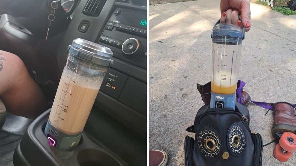 The Ninja Blast in a cupholder. Right: The Ninja Blast in a small backpack.