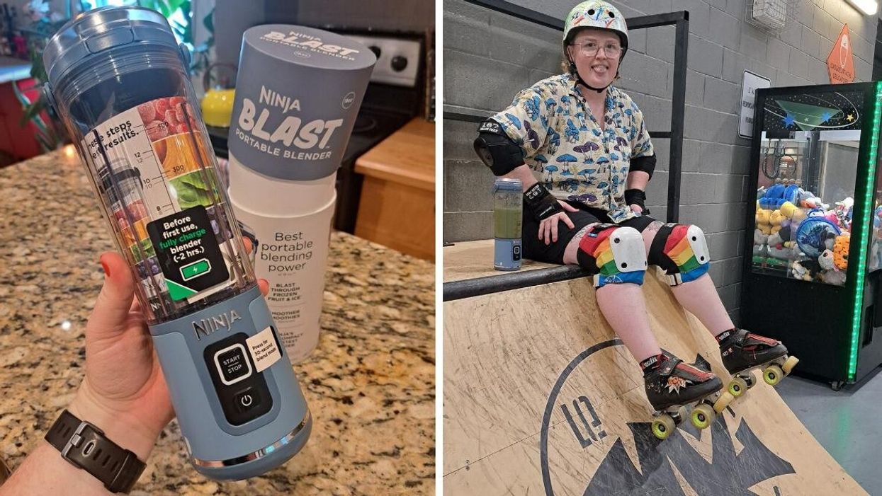 The Ninja Blast. Right: Louie Murray sits on the deck of a mini ramp.