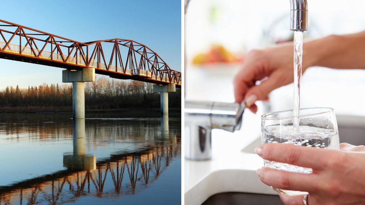 The North Saskatchewan River in Edmonton. Right: A person getting tap water.