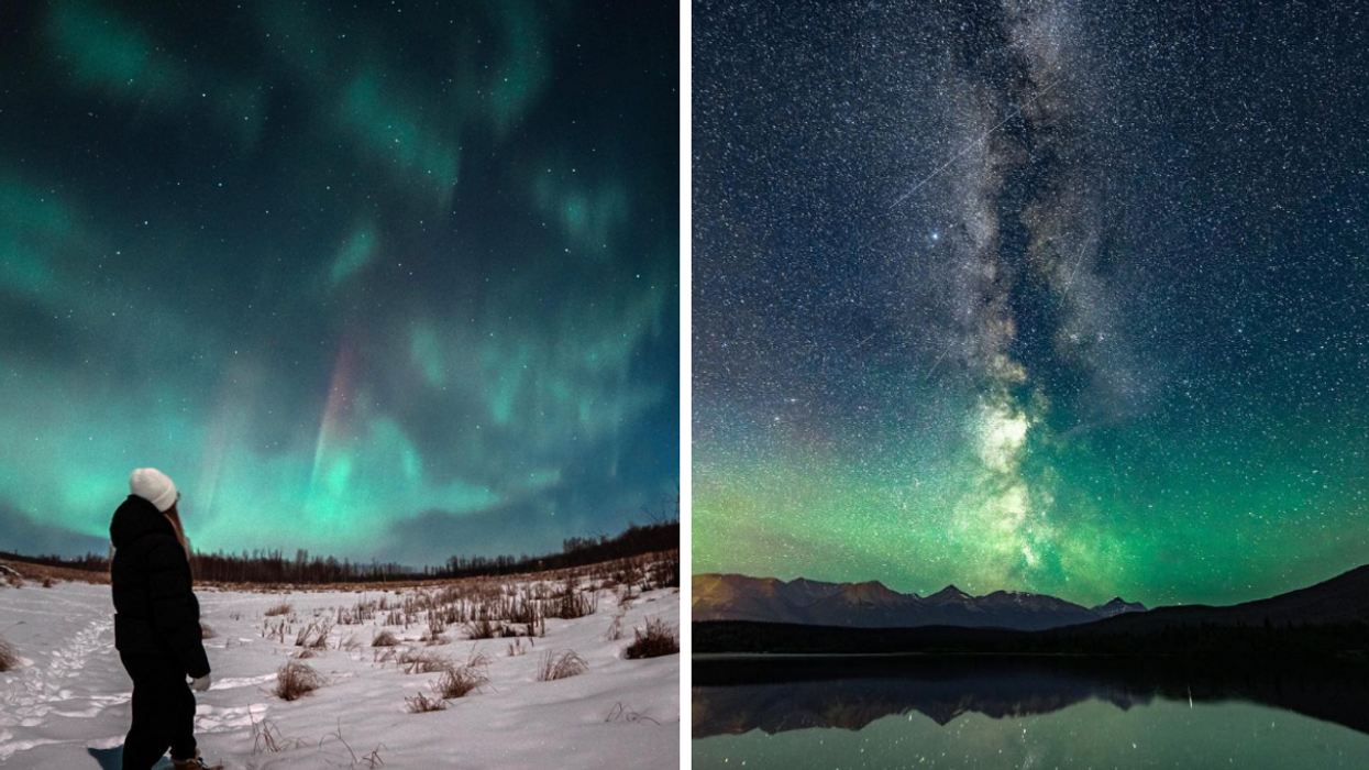The Northern Lights at Elk Island National Park. Right: The Northern Lights at Jasper National Park
