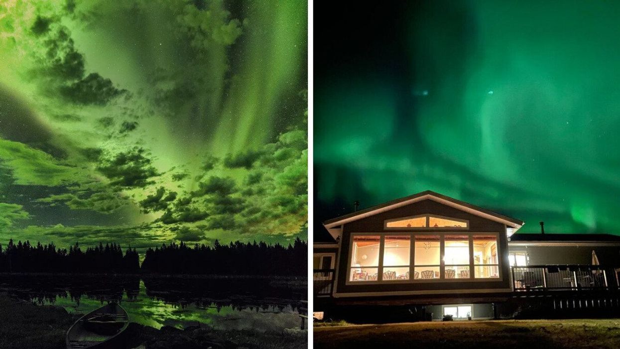 The northern lights on a lake in B.C. Right: The northern lights in B.C. above a home.