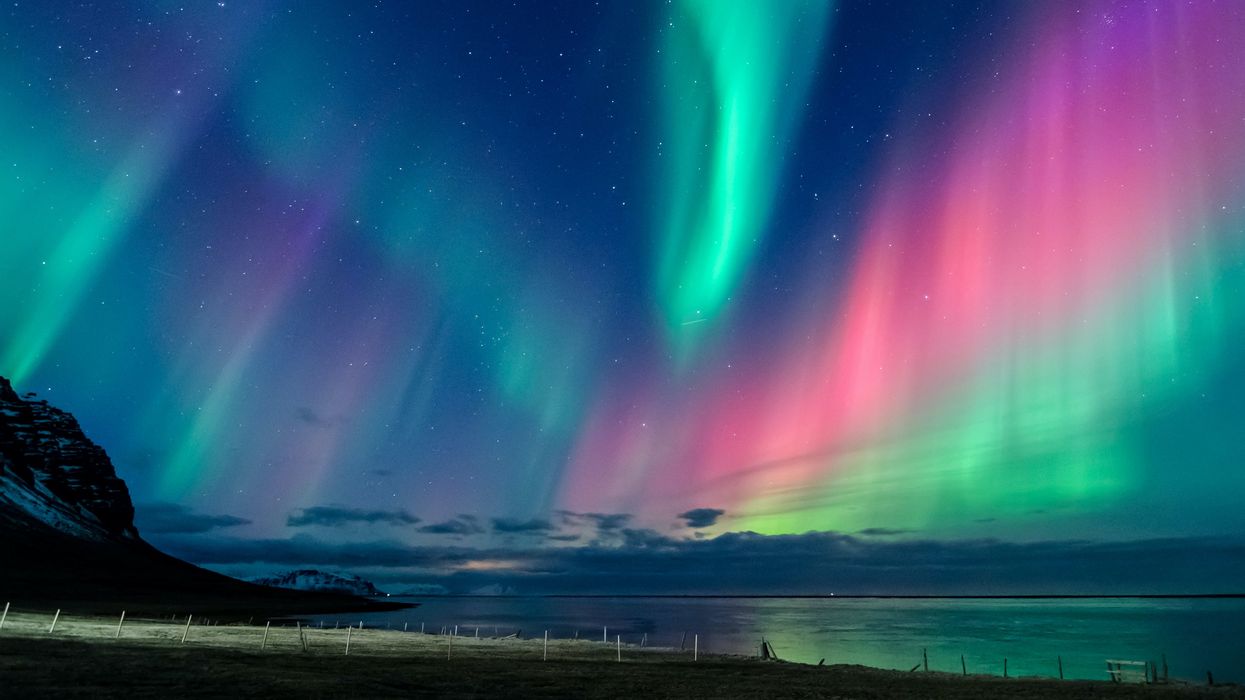 The northern lights shine in the sky.