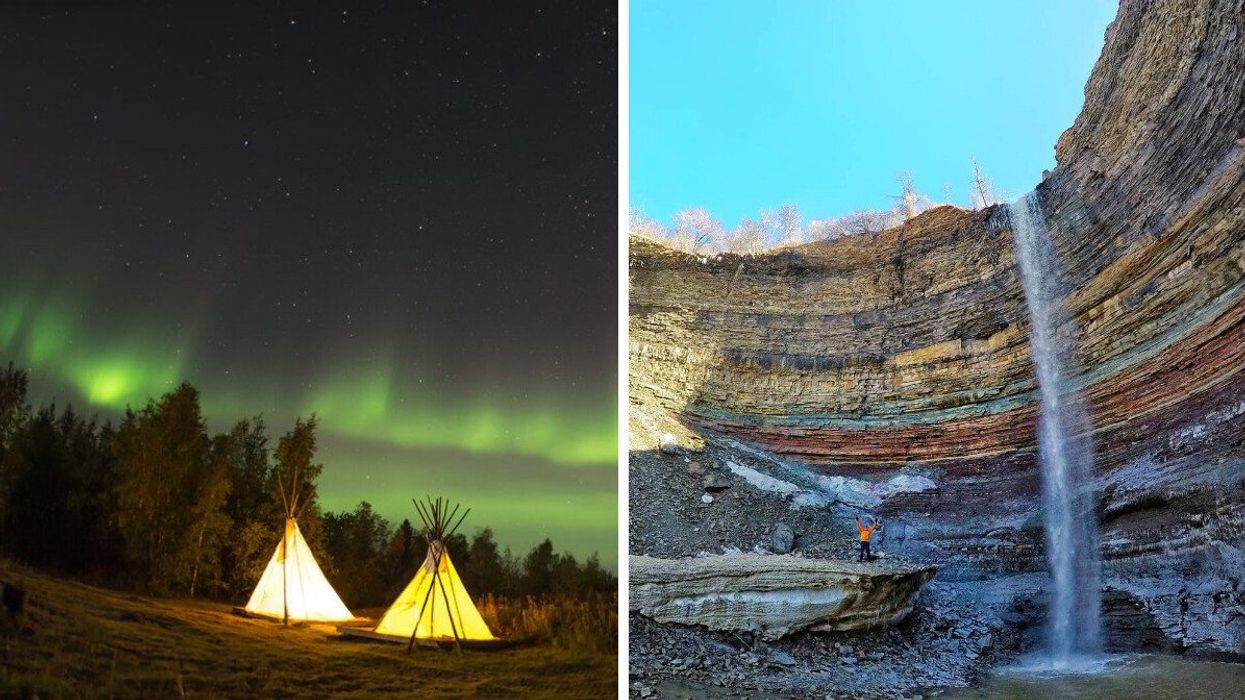 The nothern lights in Canada. Right: A person stands by a waterfall in Ontario.
