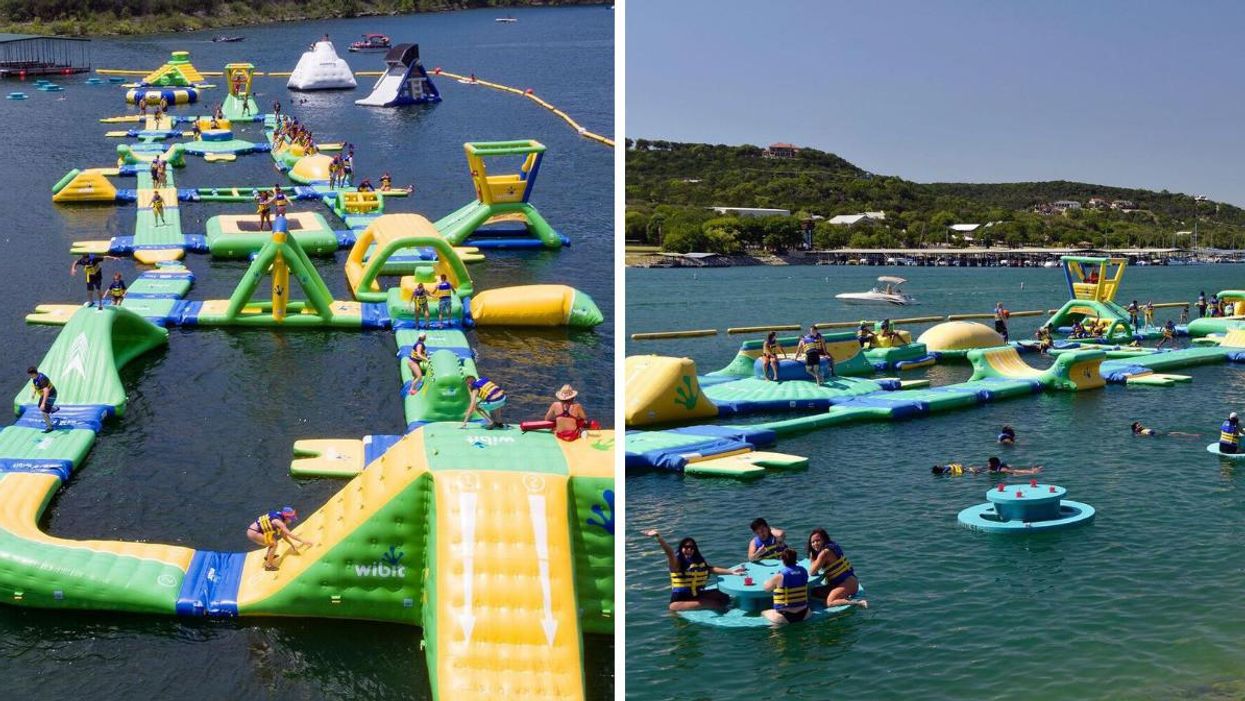The obstacle courses at Waterloo Adventures. Right: The inflatables and tables at Waterloo Adventures.