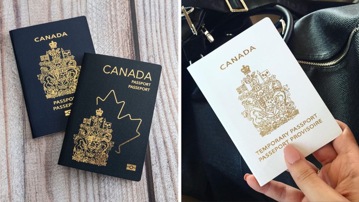 The old and new Canadian passports. Right: A person holds a white Canadian passport.