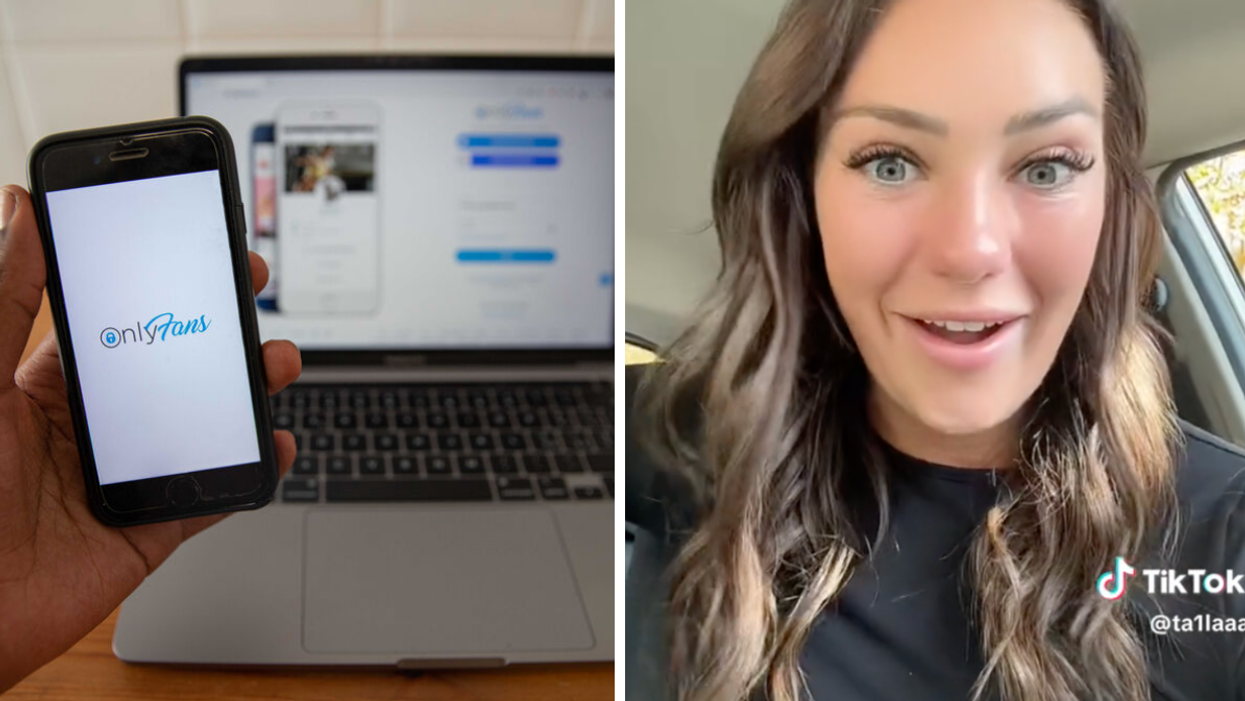 The OnlyFans app on a phone. Right: The woman who said she "ruined" her mom's marriage with her OnlyFans.