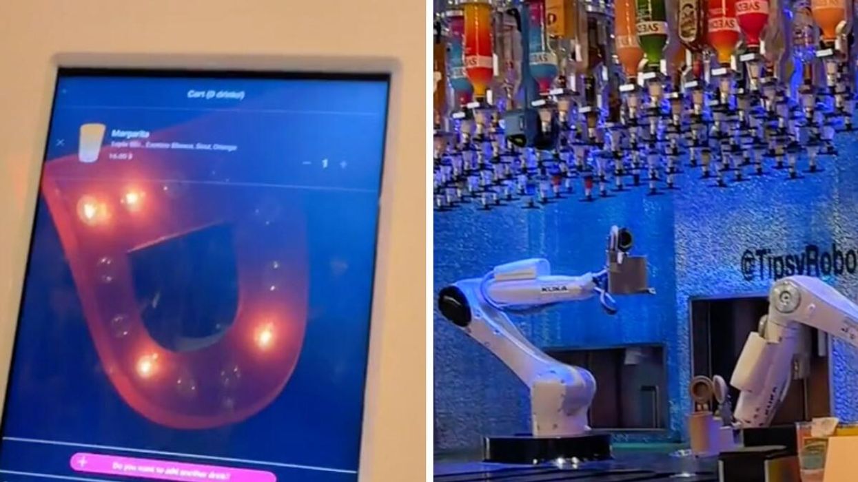 The order screen at the Tipsy Robot in Las Vegas. Right: The Tipsy Robot's automatic bartenders.