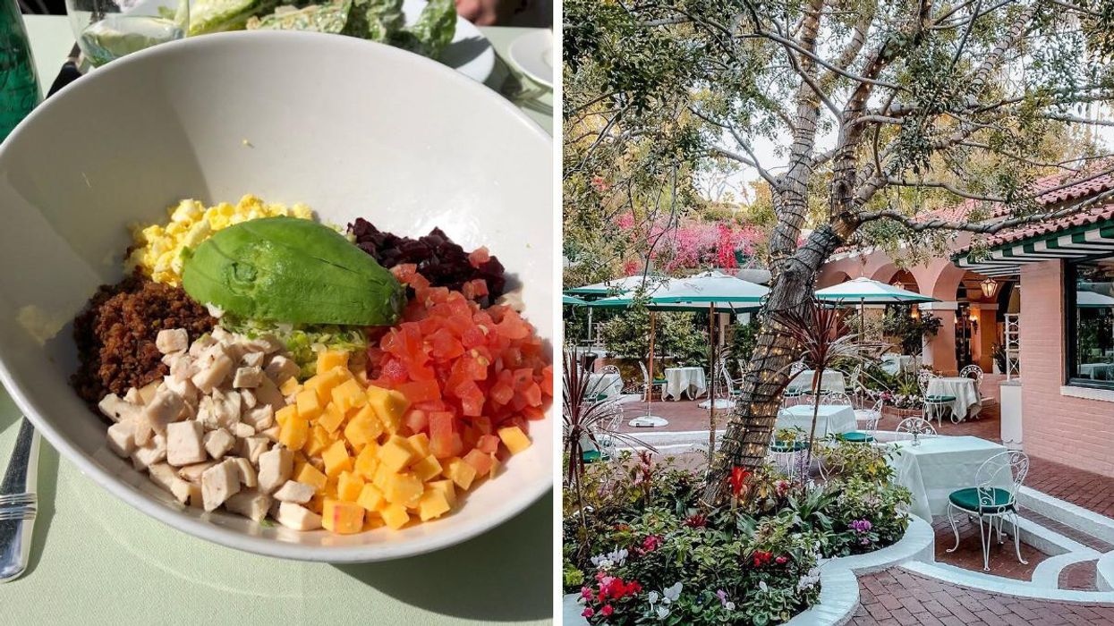 The original McCarthy salad. Right: The outdoor seating at the Polo Lounge in the Beverly Hills Hotel.
