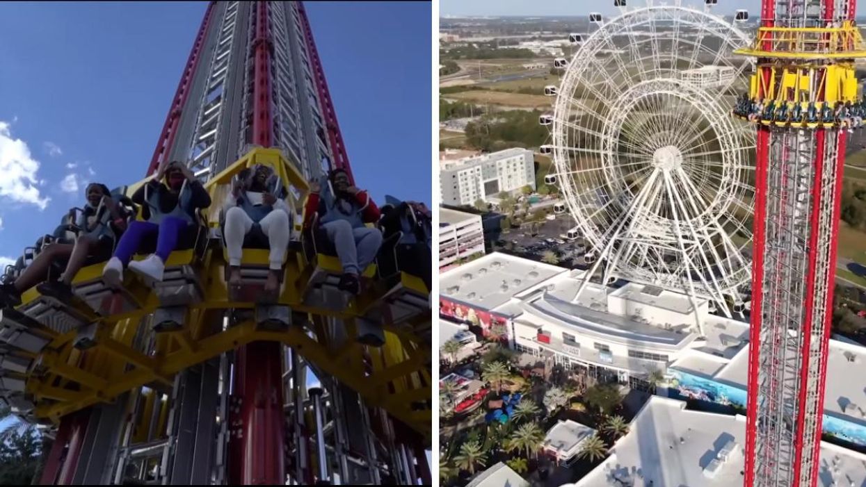 The Orlando Free Fall ride. Right: A Ferris wheel and the Orlando Free Fall.