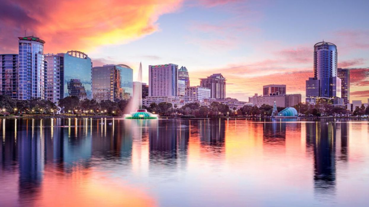 The Orlando skyline at sunset.