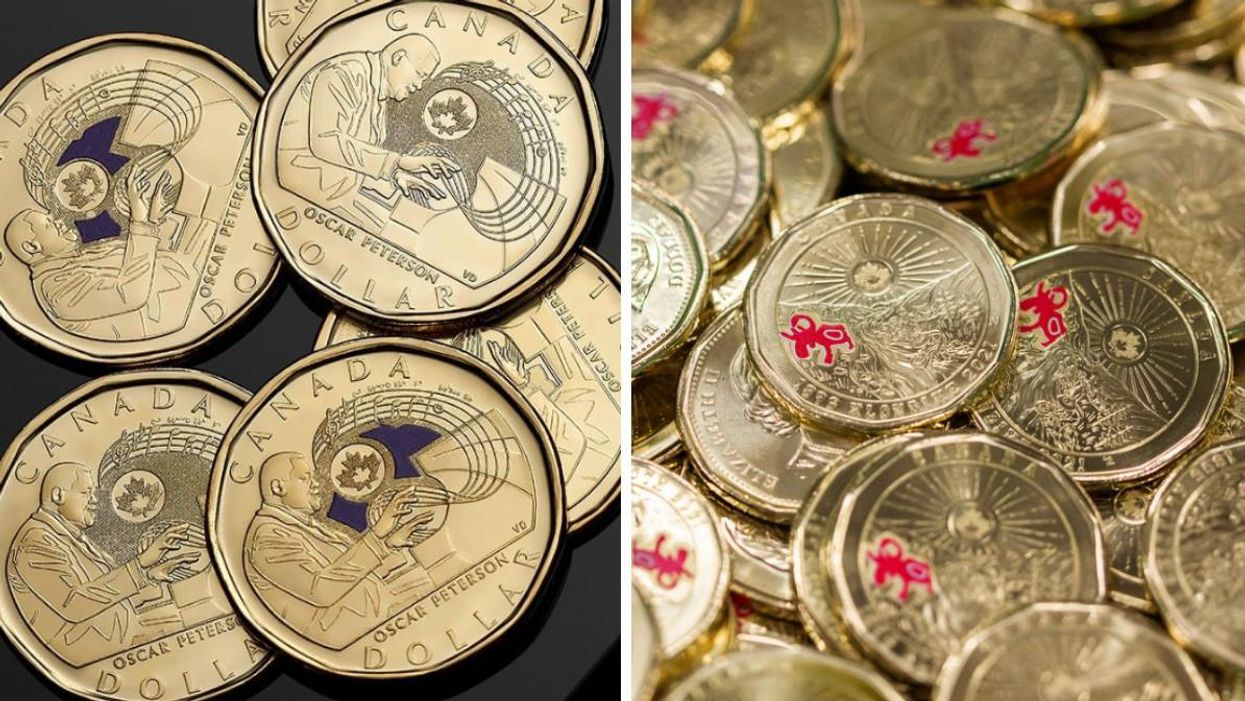 The Oscar Peterson commemorative loonie. Right: The Klondike Gold Rush loonie.
