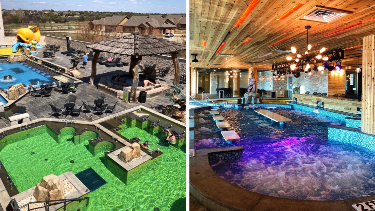 The outdoor pools at Spa Castle Texas. Right: The Aqua Bar at Spa Castle Texas.