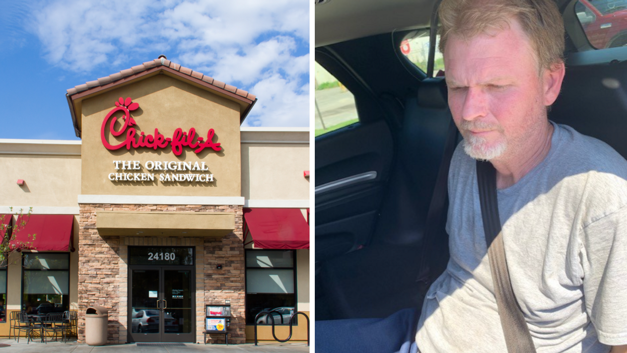 The outside of a Chick-Fil-A. Right: The Carjacker.