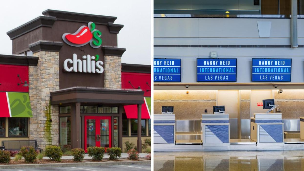 The outside of a Chili's restaurant. Right: Harry Reid International Airport.