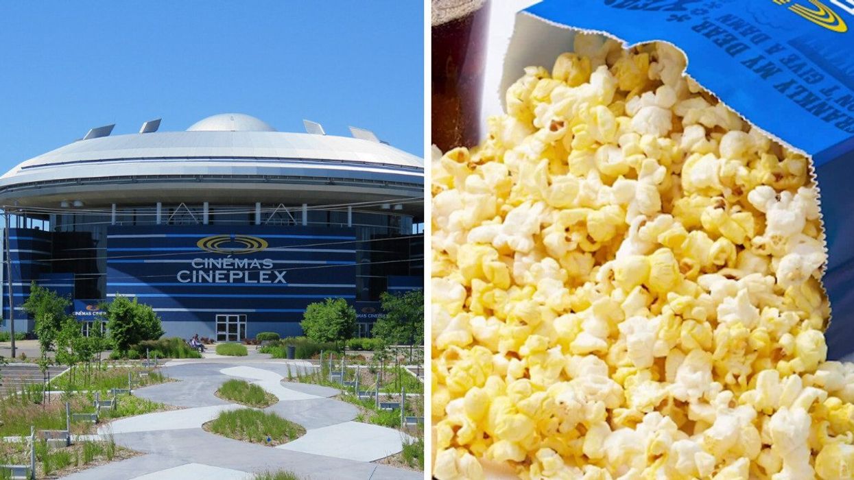 The outside of a Cineplex Cinemas. Right: A bag of popcorn from Cineplex.