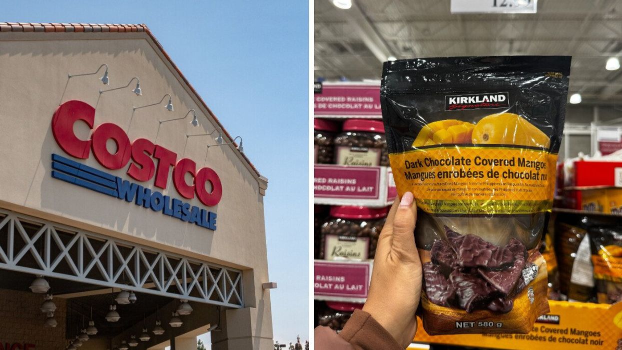 The outside of a Costco. Right: Kirkland Dark Chocolate Covered Mango