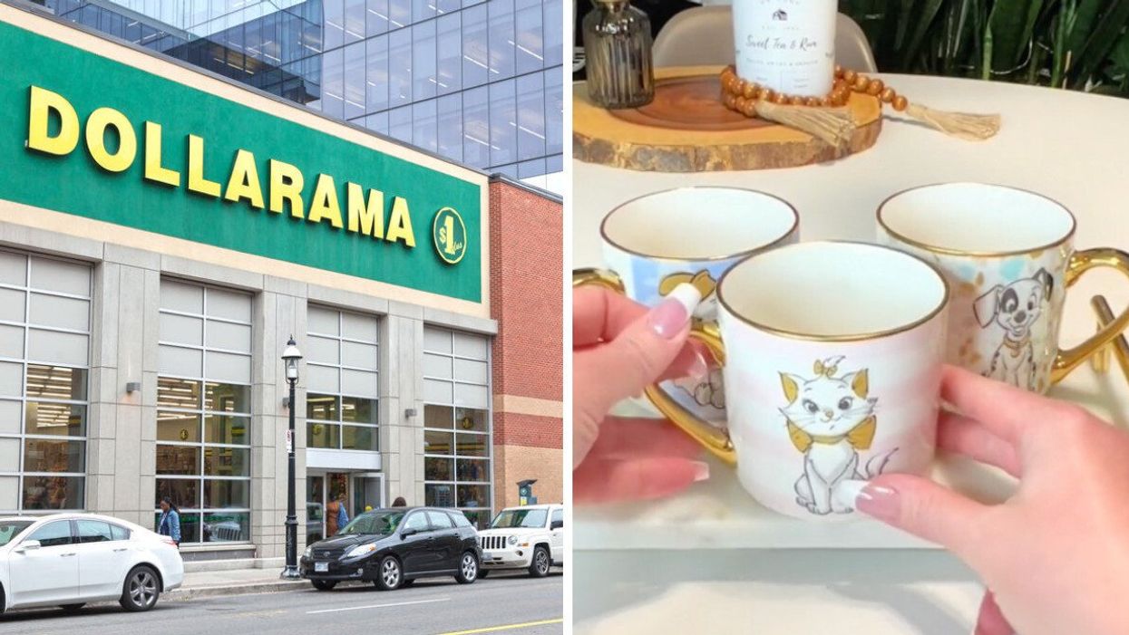 The outside of a Dollarama. Right: Three Disney mugs from Dollarama.
